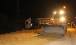 Kahramanmaraş’tan çıkan mısır yüklü tır devrildi