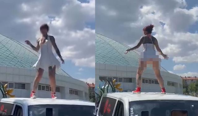 Bu nasıl fuar? Kadını onlarca erkeğin gözü önünde aracın üstüne çıkarıp...