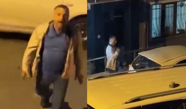 İstanbul'da eşinin ve komşusunun otomobiline sopayla zarar veren kişi kamerada