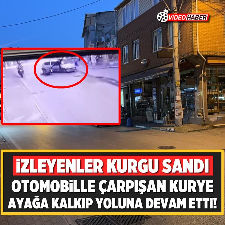 İzleyenler kurgu sandı: Otomobille çarpışan kurye ayağa kalkıp yoluna devam etti!