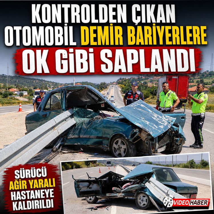 Kontrolden çıkan otomobil demir bariyerlere ok gibi saplandı