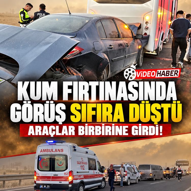 Kum fırtınasında görüş sıfıra düştü, araçlar birbirine girdi !