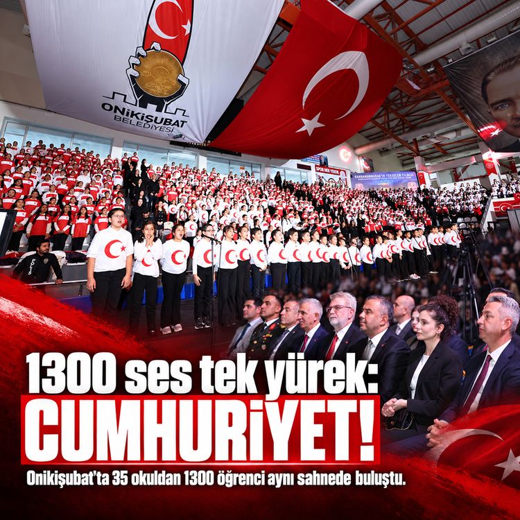 1300 ses tek yürek: CUMHURİYET! Onikişubat’ta 35 okuldan 1300 öğrenci aynı sahnede buluştu.