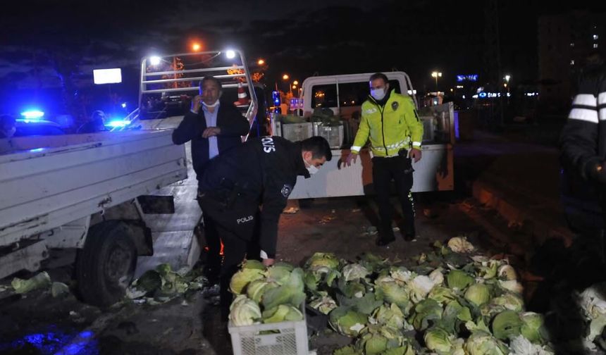 Kazada yola savrulan lahanaları polis topladı