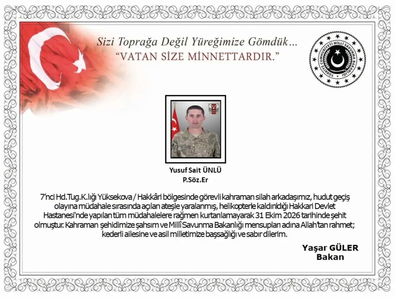 Hakkariden Aci Haber Yusuf Sait Unlu Sehit Oldu3